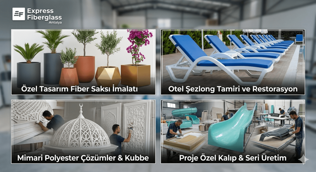 Antalya Fiberglass Saksı Üretimi Otel Şezlong Tamiri ve Polyester Restorasyon Kolajı